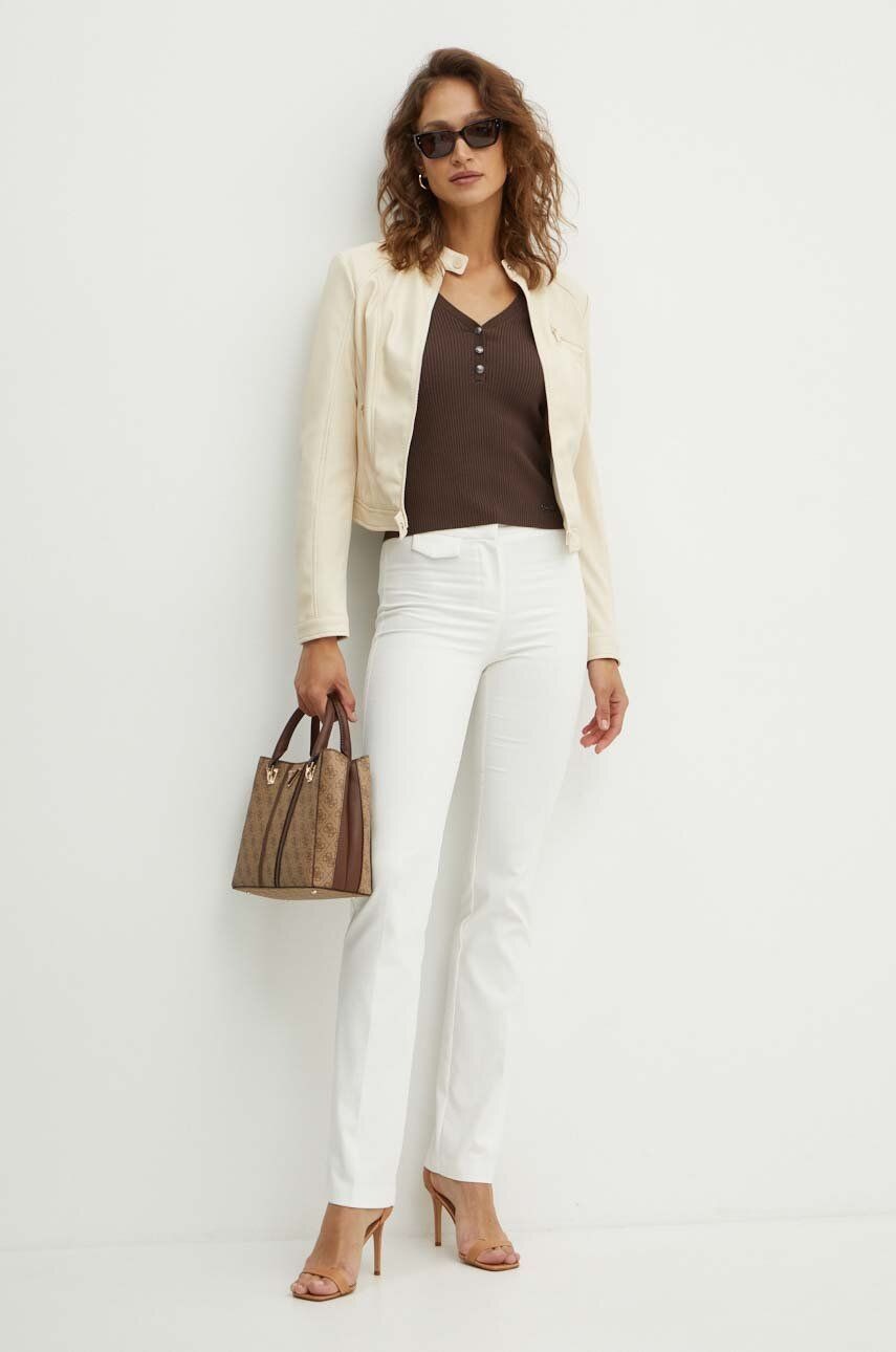 Giacca Biker Bianca in Similpelle con Collo alla Coreana 