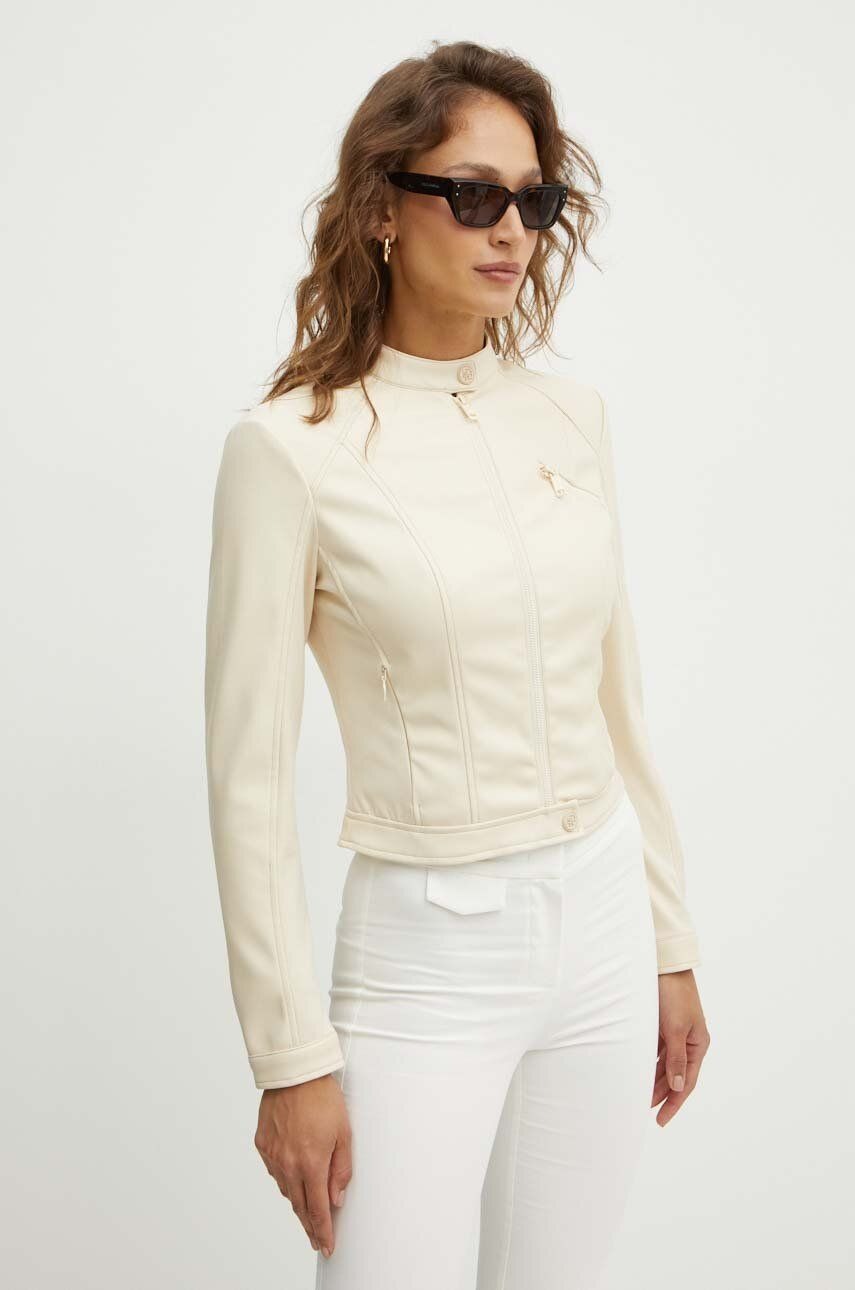 Giacca Biker Bianca in Similpelle con Collo alla Coreana 