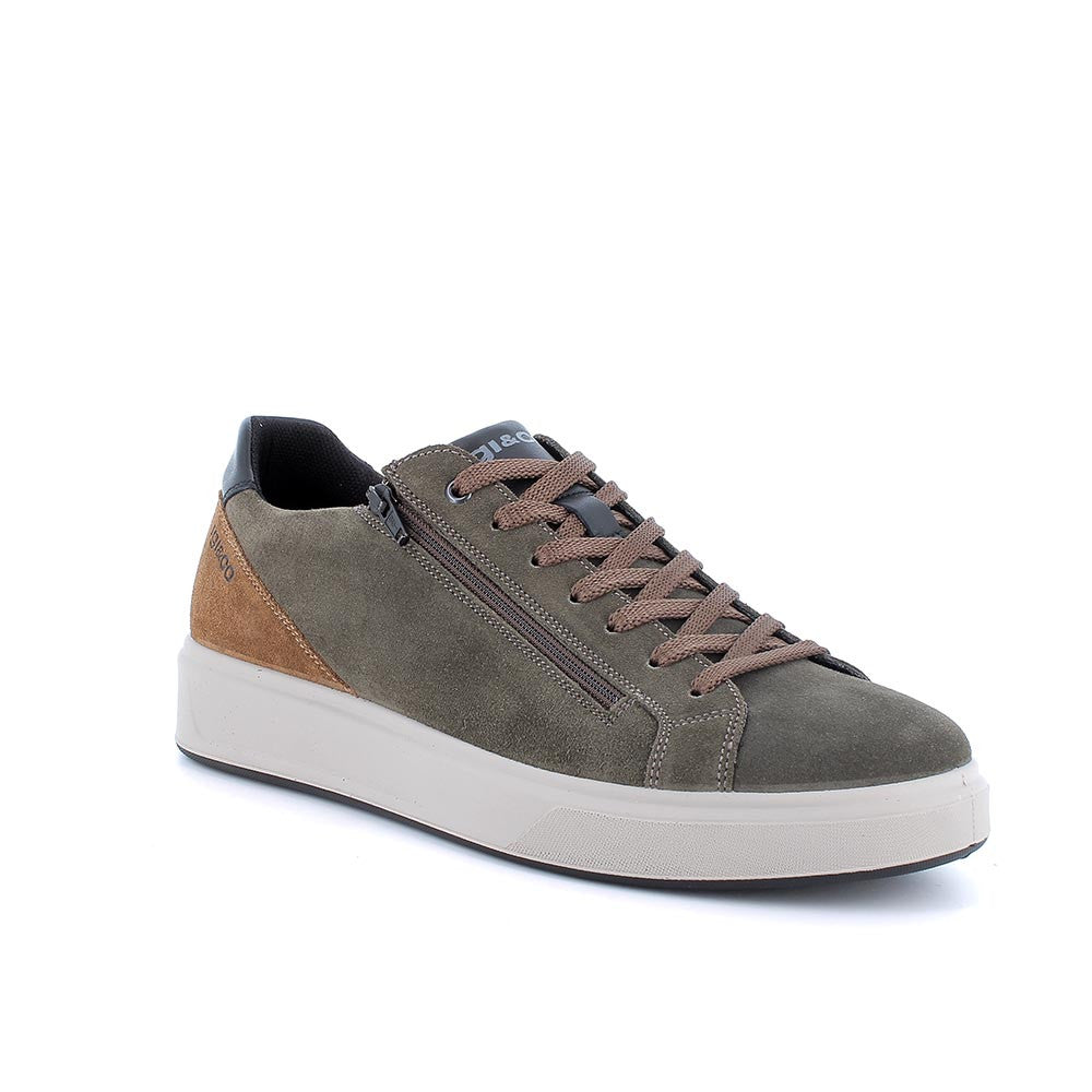 Sneakers bosco-cognac in pelle scamosciata con lacci e zip laterale 