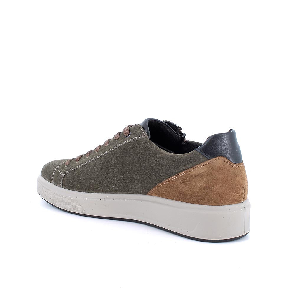 Sneakers bosco-cognac in pelle scamosciata con lacci e zip laterale 