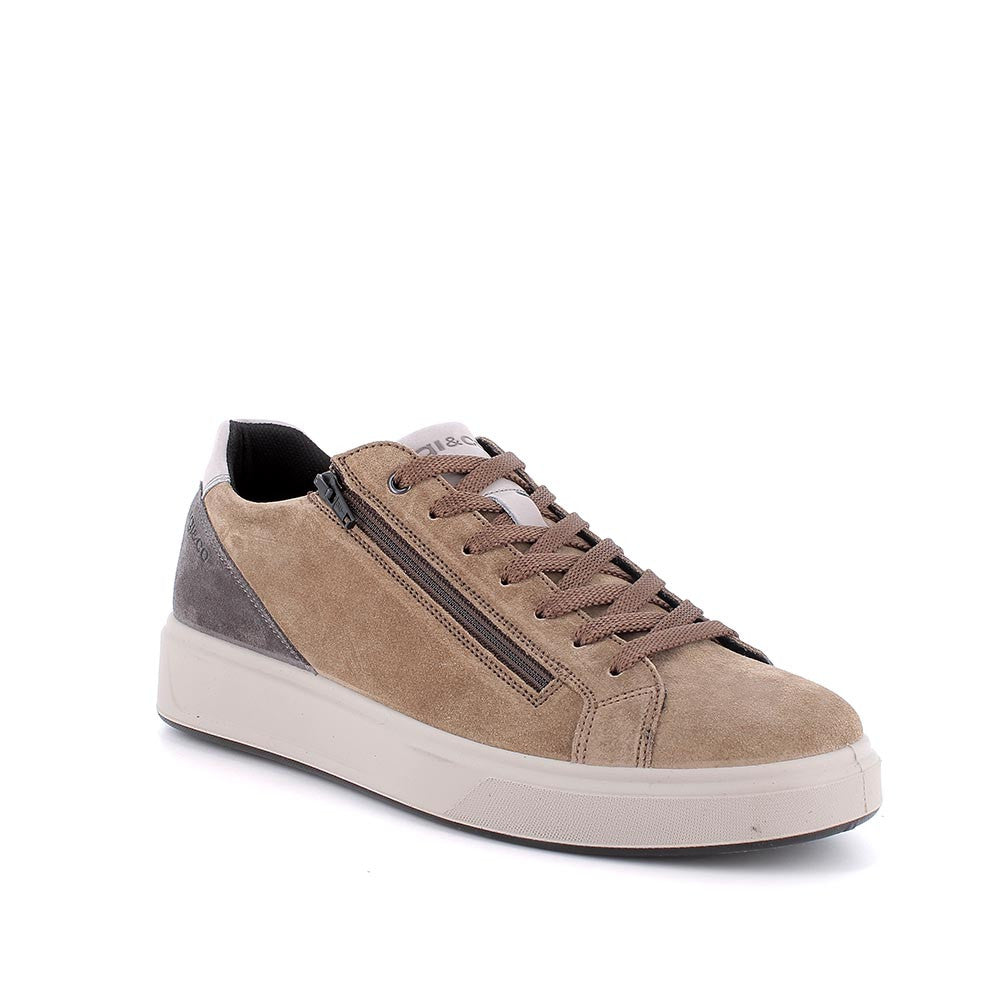 Sneakers sesamo in pelle scamosciata con lacci e zip laterale 