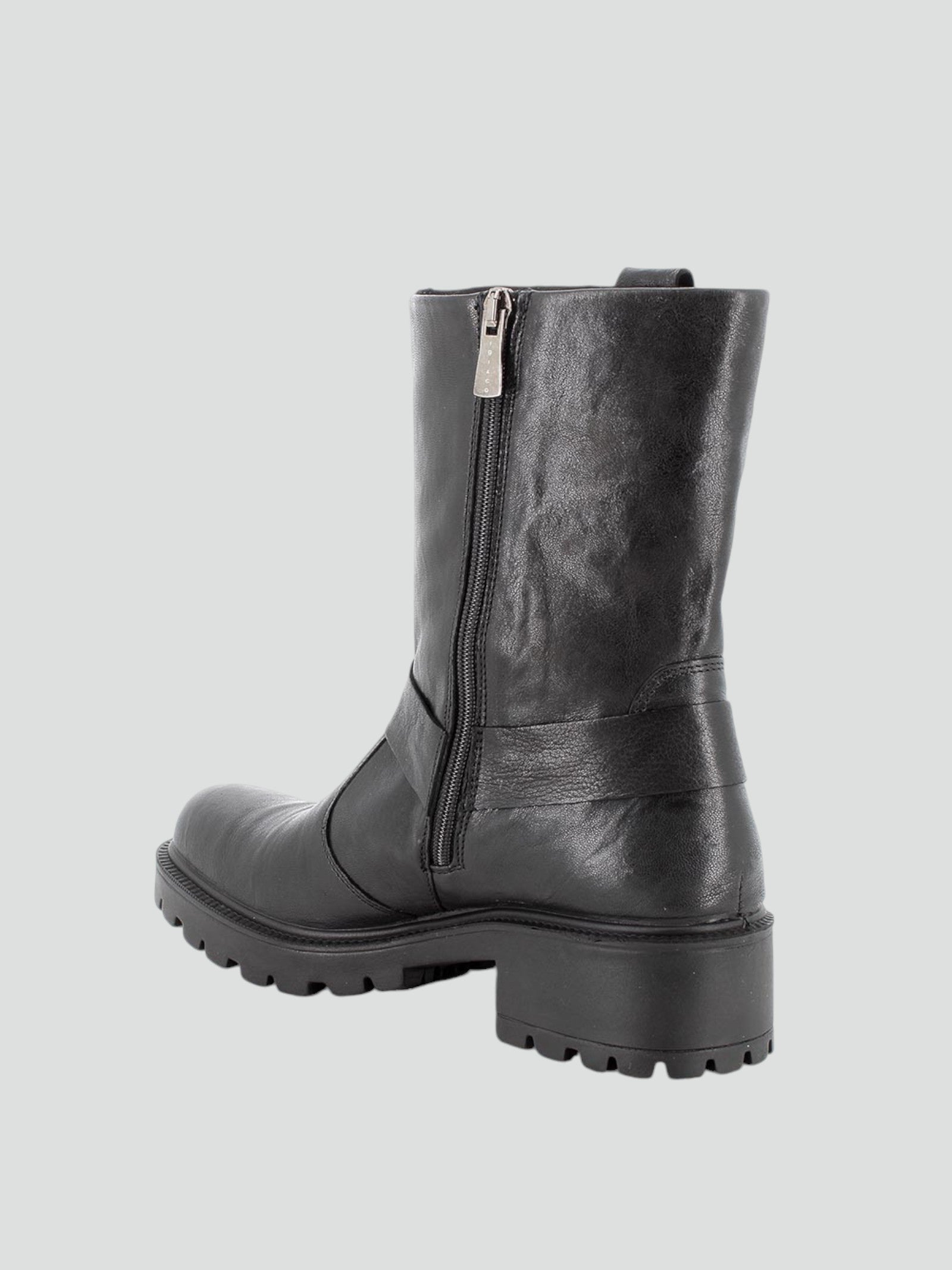 Stivaletti biker da donna neri in pelle laminata con zip e tacco 4,5 cm 