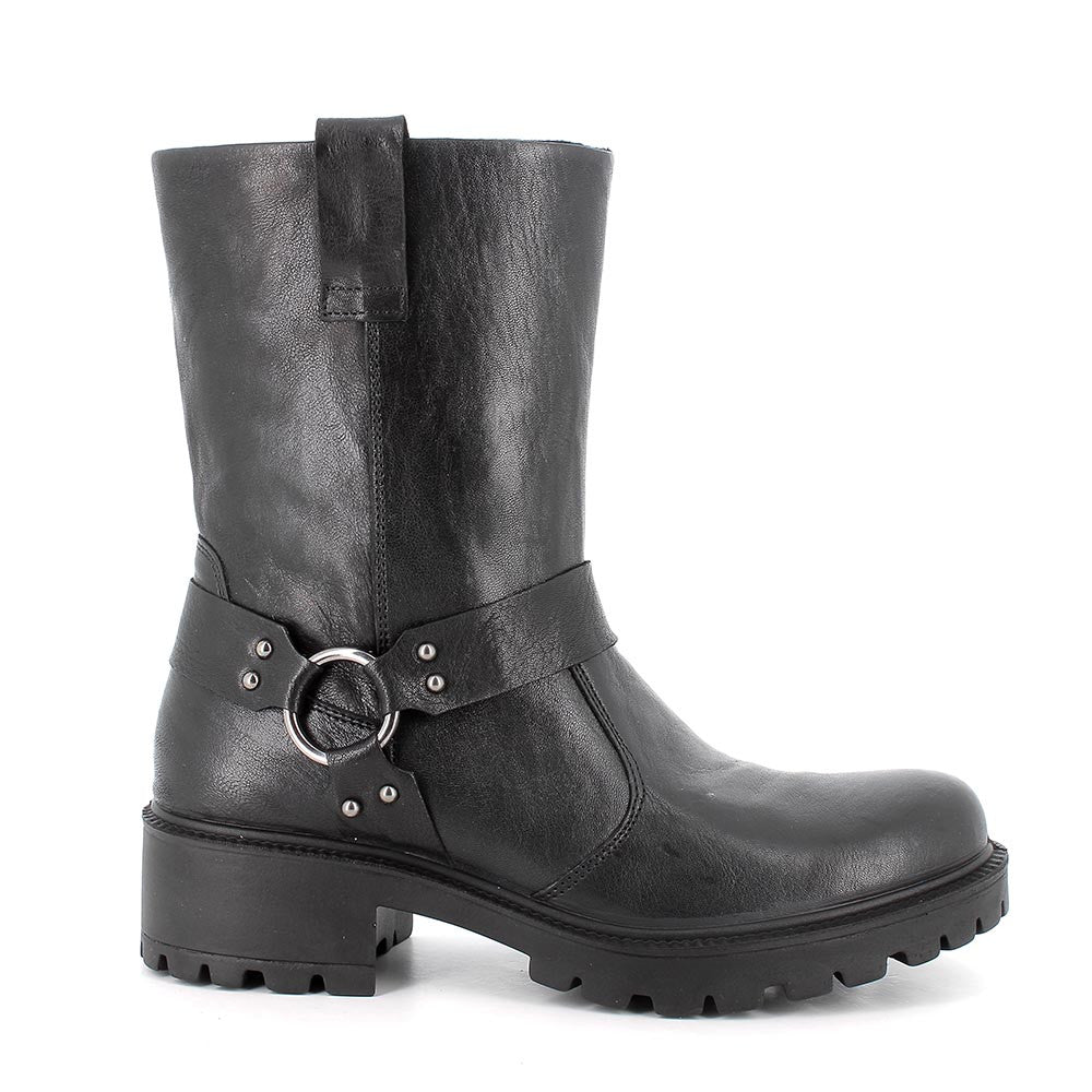 Stivaletti biker da donna neri in pelle laminata con zip e tacco 4,5 cm 
