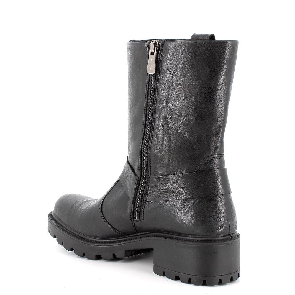 Stivaletti biker da donna neri in pelle laminata con zip e tacco 4,5 cm 