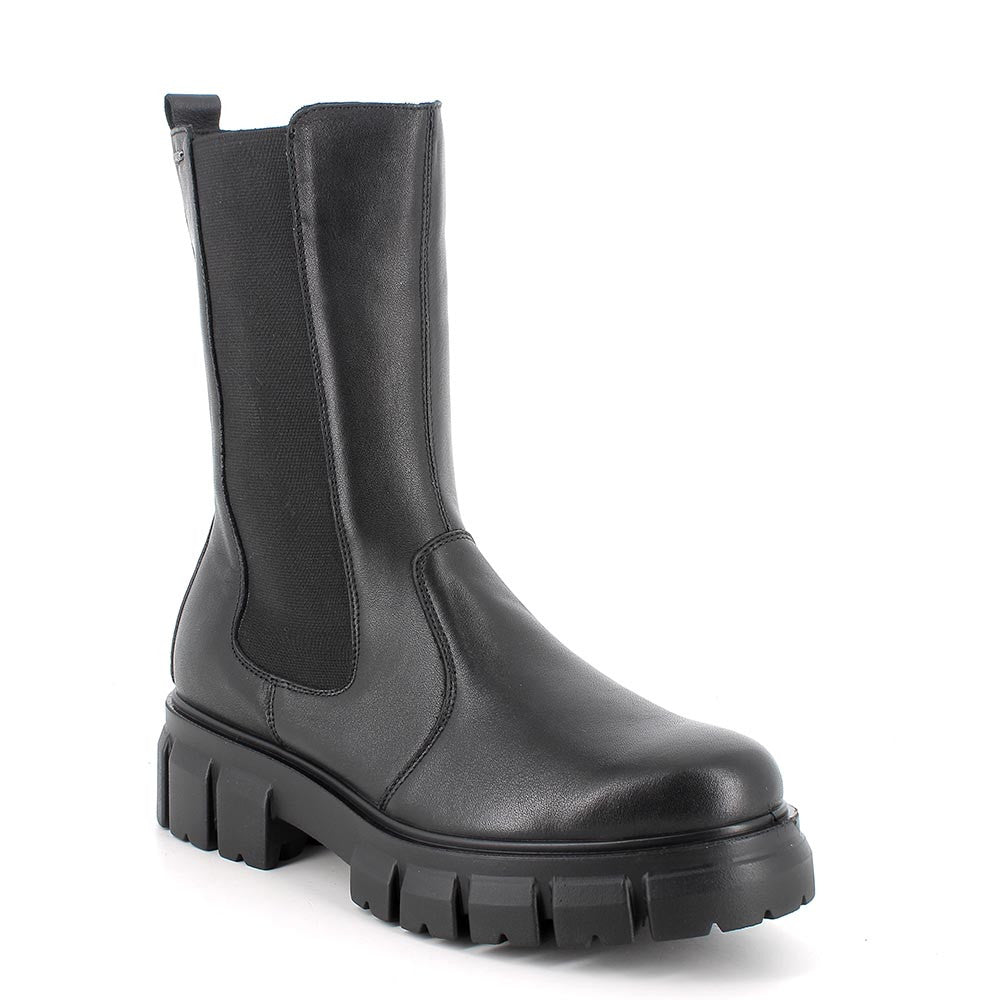 Stivali da donna neri in pelle con suola chunky e zip laterale 