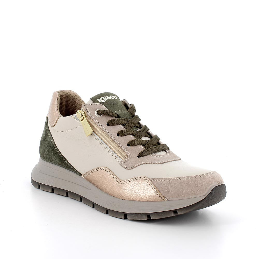 Sneakers avorio in pelle stampata e scamosciata con lacci e zip 