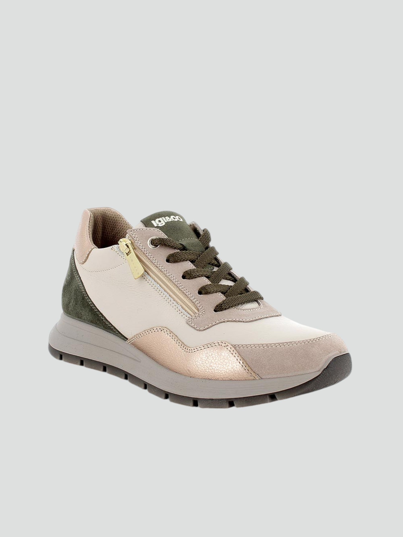 Sneakers avorio in pelle stampata e scamosciata con lacci e zip 