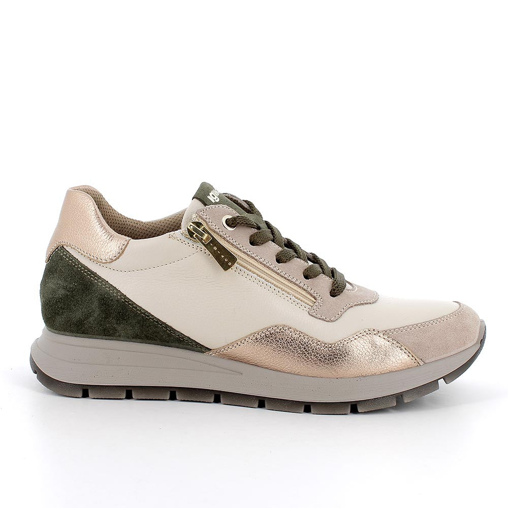 Sneakers avorio in pelle stampata e scamosciata con lacci e zip 