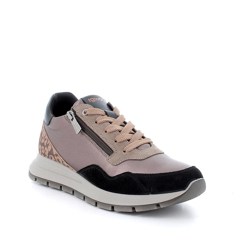 Sneakers bronzo in pelle laminata con lacci e zip laterale 