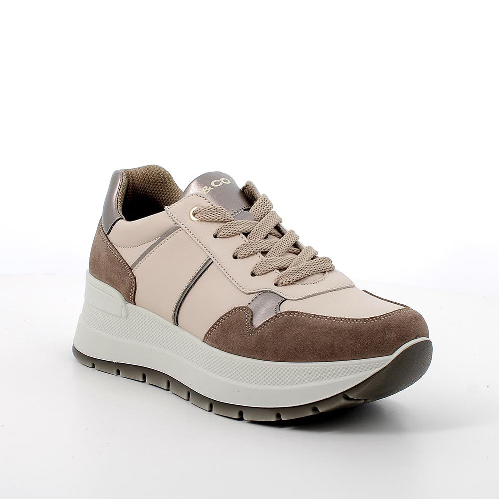 Sneakers con zeppa chunky fango-écru in pelle e camoscio 