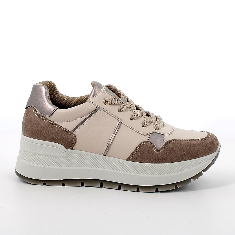 Sneakers con zeppa chunky fango-écru in pelle e camoscio 