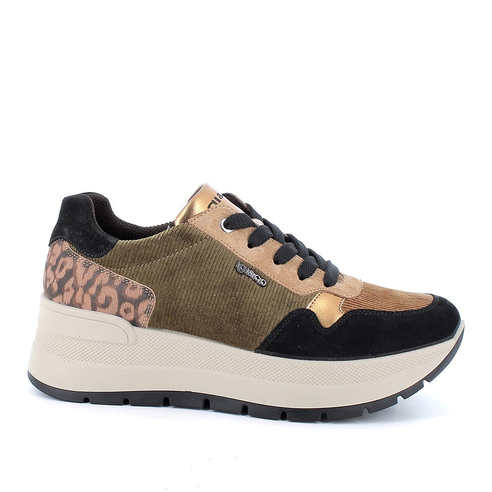 Sneakers con zeppa nero-marrone in scamosciato e velluto con lacci 
