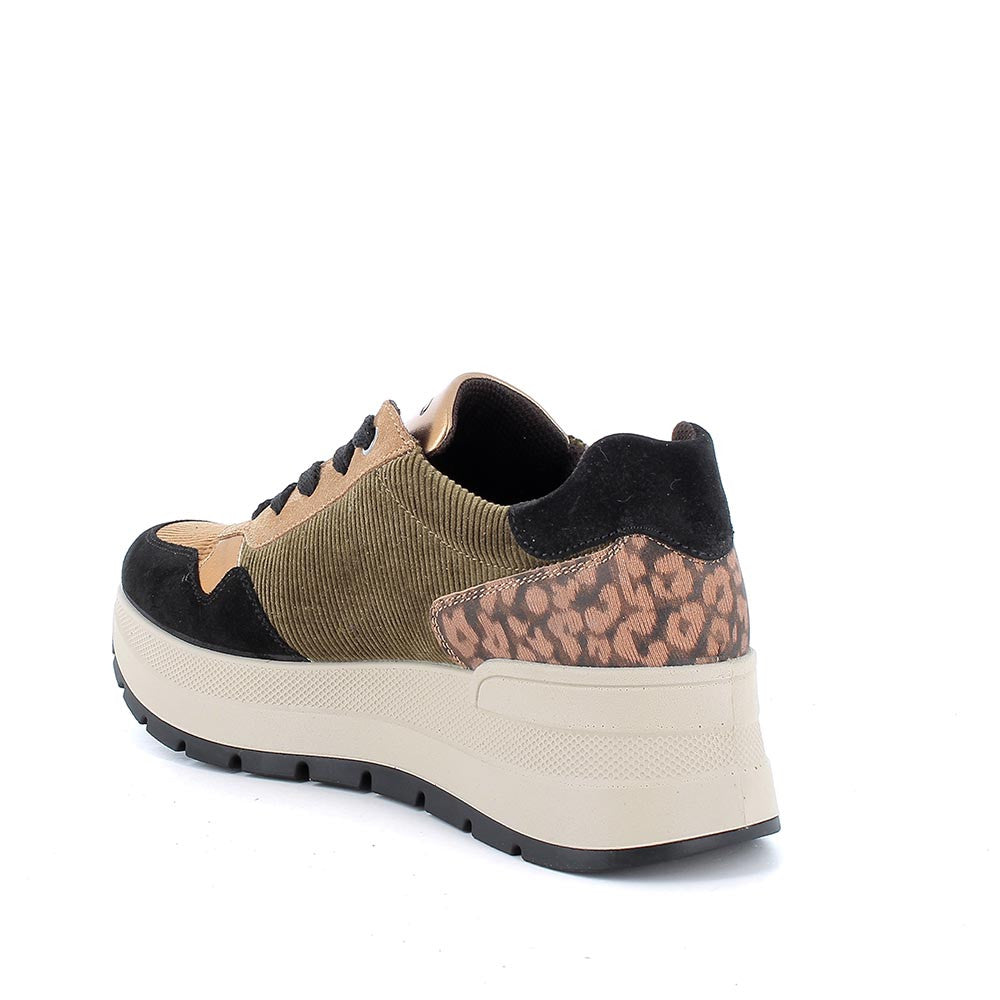 Sneakers con zeppa nero-marrone in scamosciato e velluto con lacci 