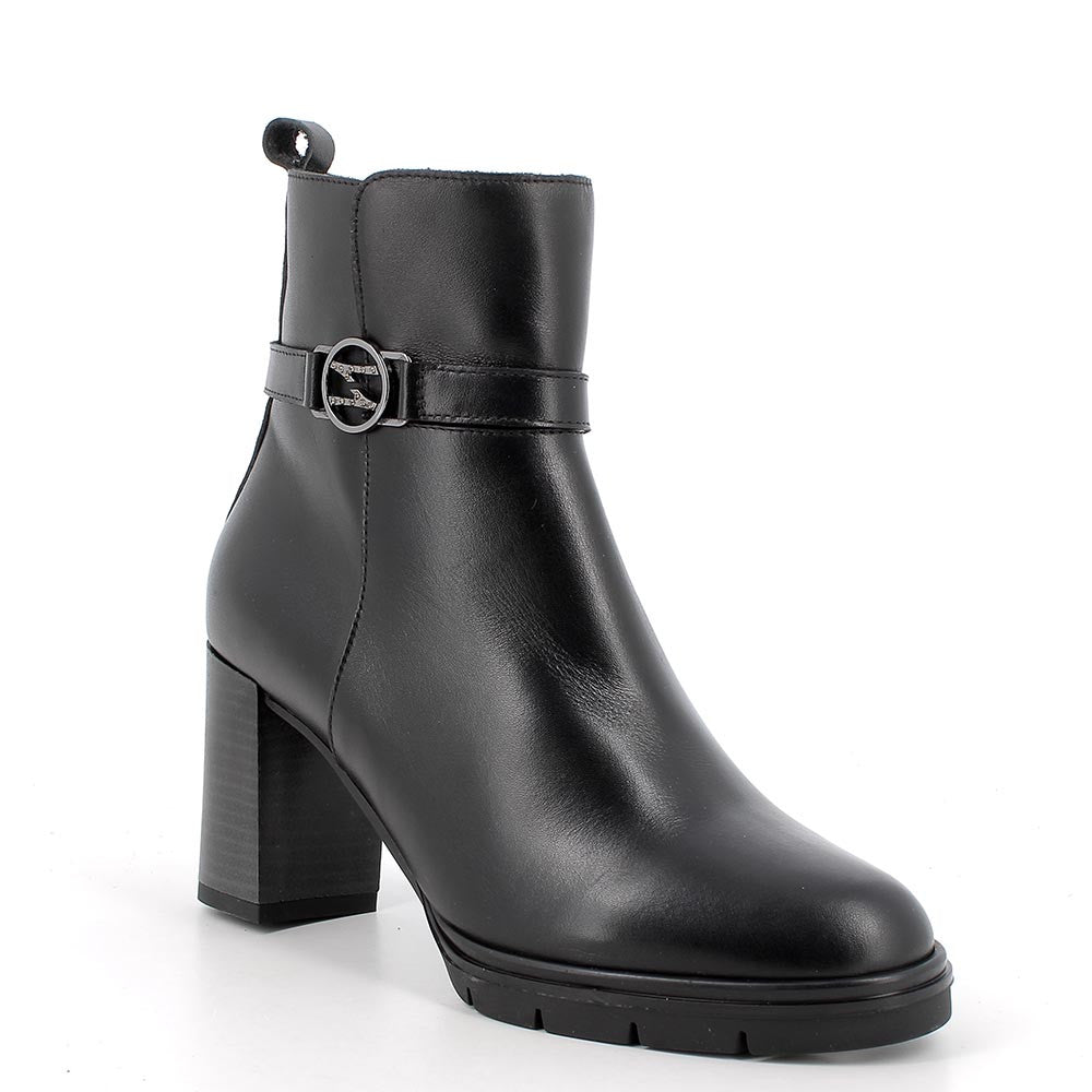 Stivaletti da donna neri in pelle con cinturino alla caviglia e tacco 8 cm 