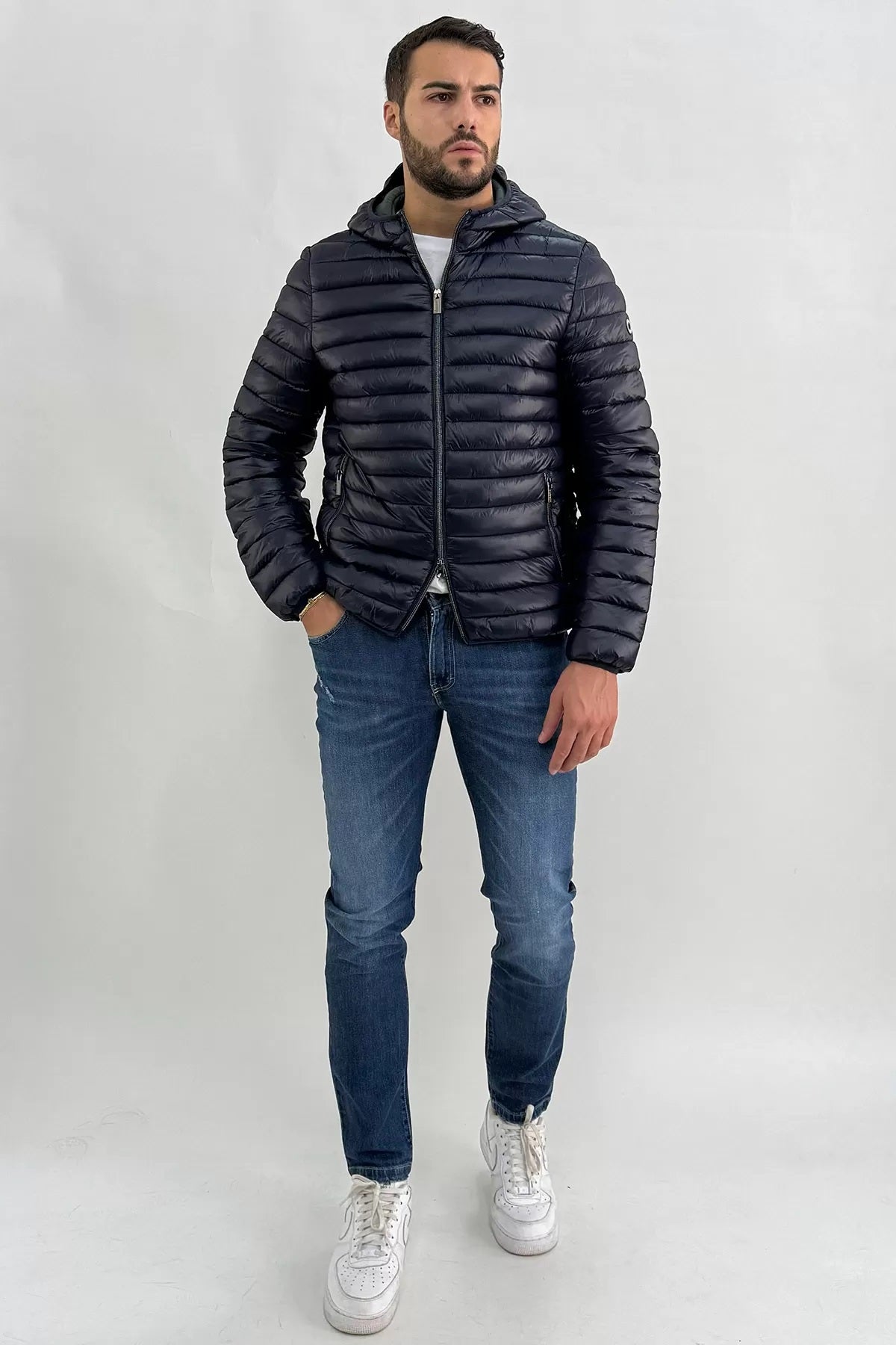 Piumino Blu Uomo con Cappuccio in Nylon Superleggero 