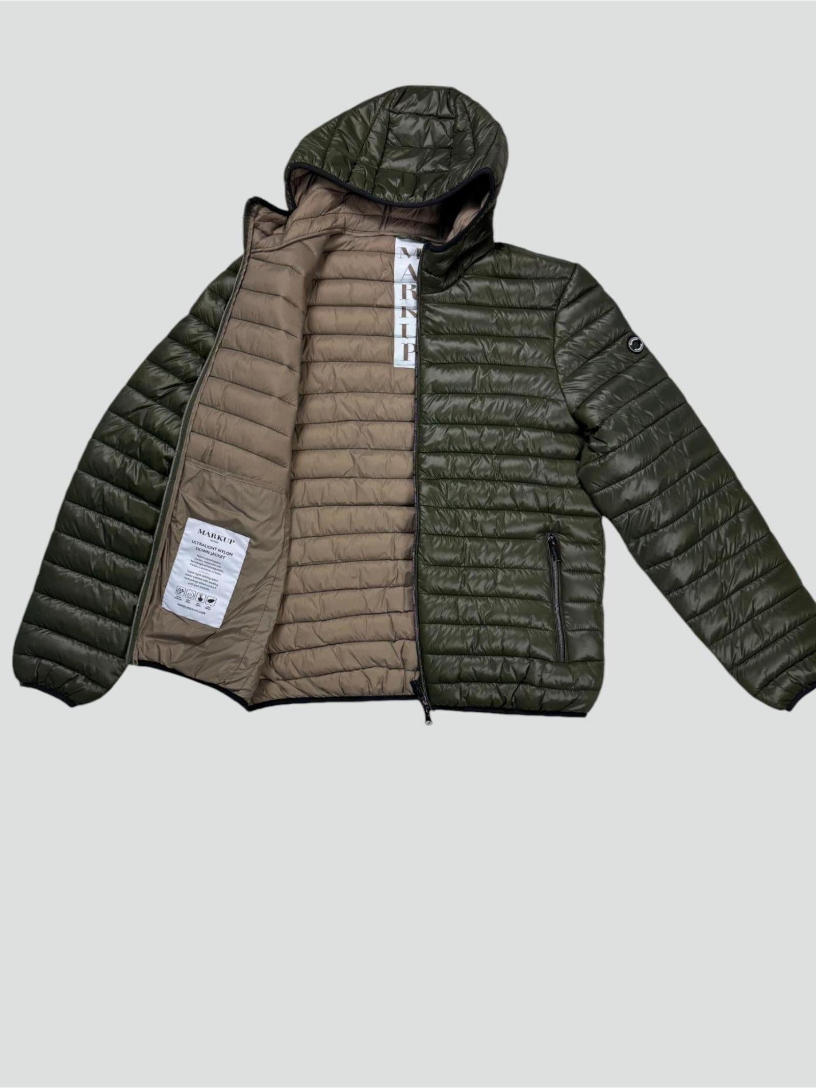 Piumino verde militare con Cappuccio in Nylon Superleggero 
