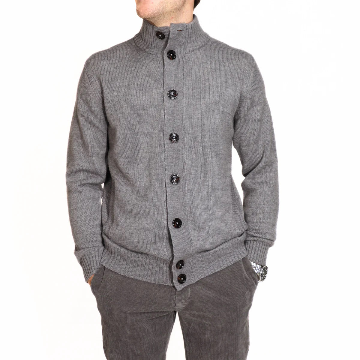 Cardigan grigio melange con Bottoni e Tasche Frontali 