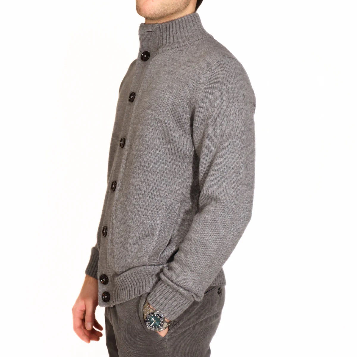 Cardigan grigio melange con Bottoni e Tasche Frontali 