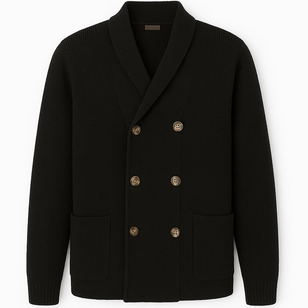 Cardigan Nero Doppio Petto con Collo a Sciarpa e Tasche Applicate 