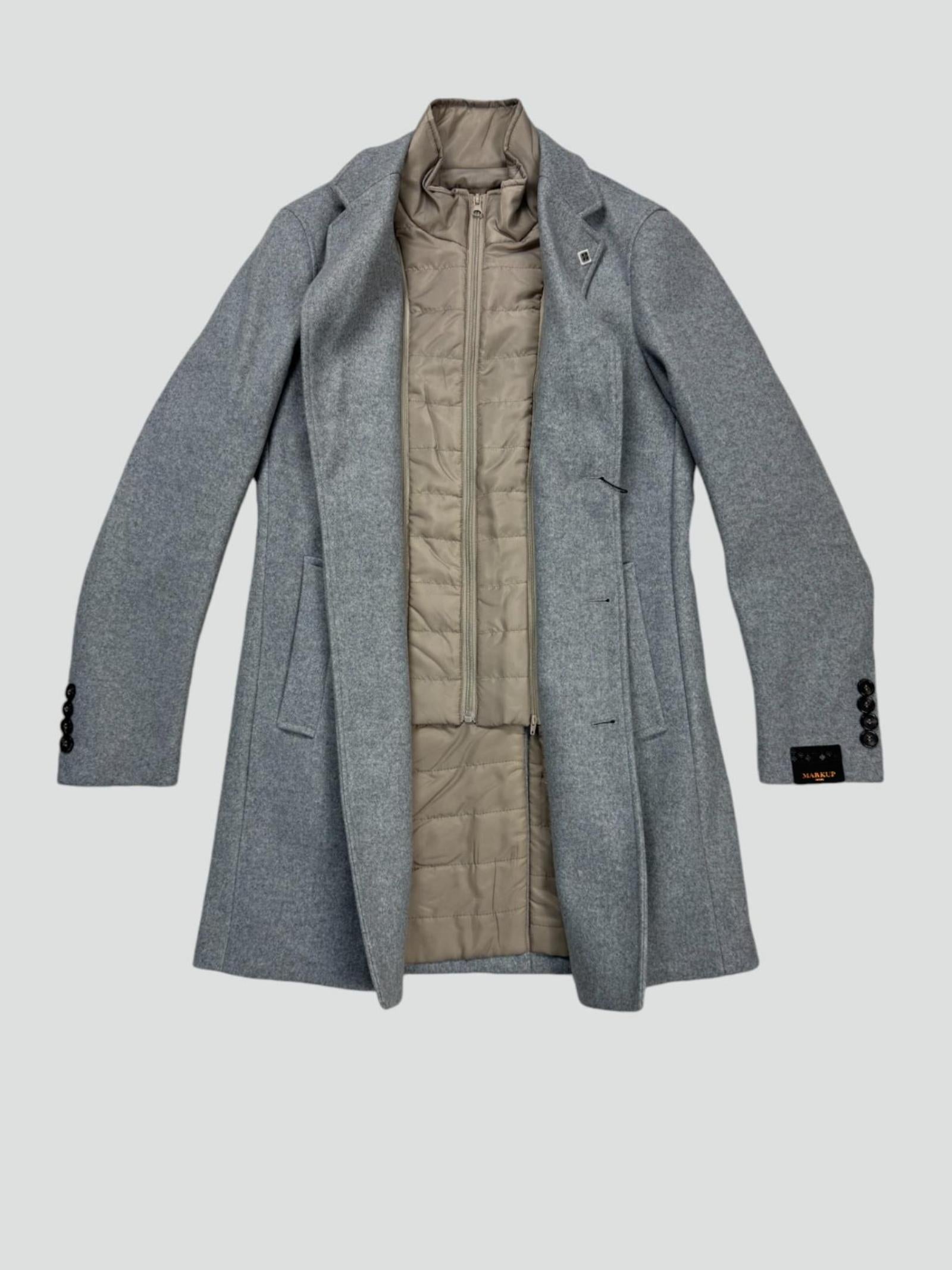 Cappotto Grigio Melange Monopetto con Pettorina Interna 