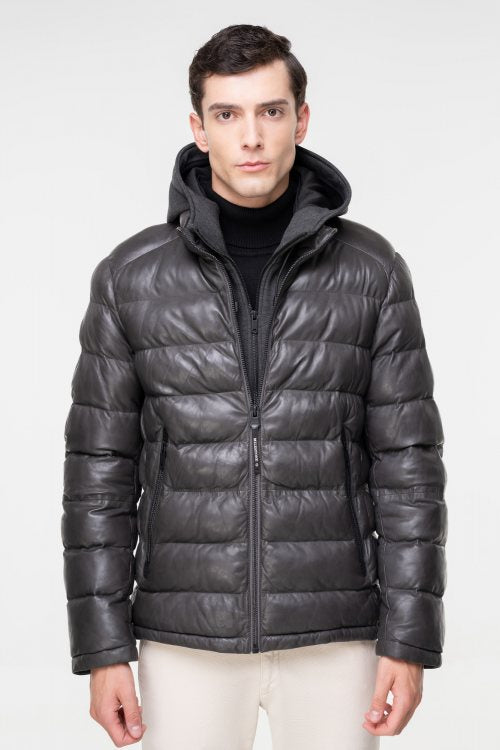 Piumino in Pelle "Callisto" nero/grigio in Pelle di Pecora con Imbottitura 