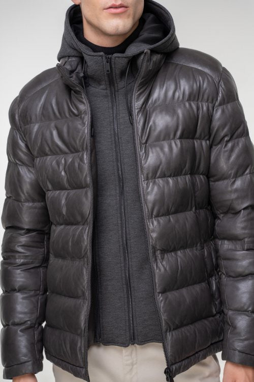 Piumino in Pelle "Callisto" nero/grigio in Pelle di Pecora con Imbottitura 