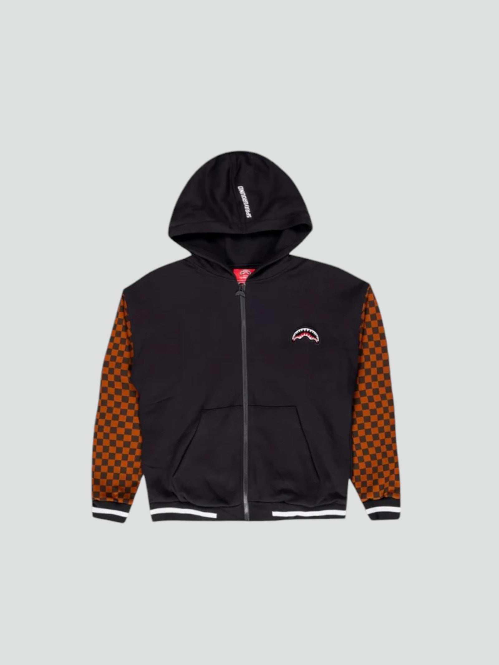 Felpa nero e marrone con cappuccio e zip centrale 