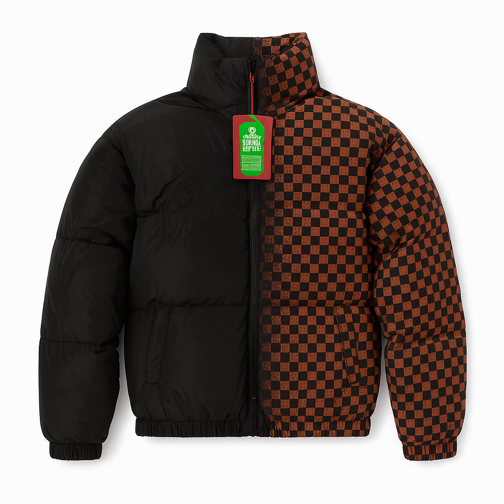Piumino Nero e Check Marrone Trapuntato con Cappuccio in Nylon 