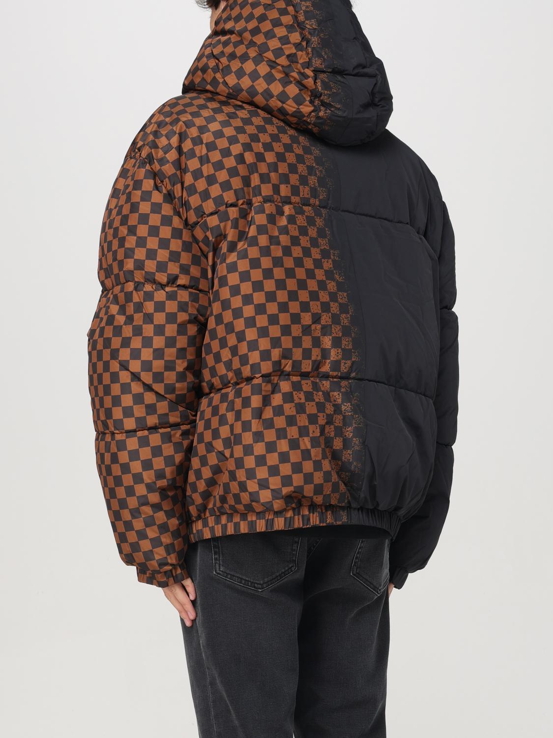 Piumino Nero e Check Marrone Trapuntato con Cappuccio in Nylon 