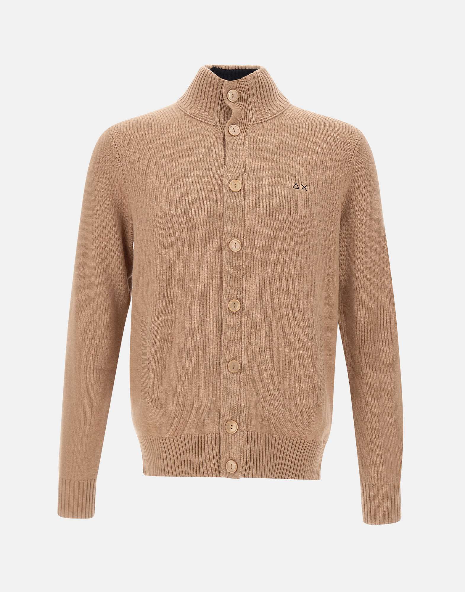 Cardigan Beige con Collo Alto e Chiusura a Bottoni 