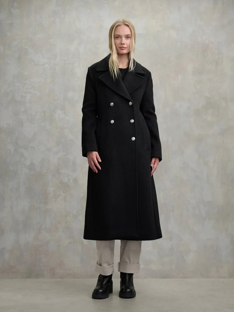 Cappotto "Charlotte" Nero Doppiopetto in Lana con Revers Classico 