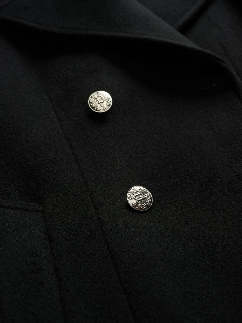 Cappotto "Charlotte" Nero Doppiopetto in Lana con Revers Classico 