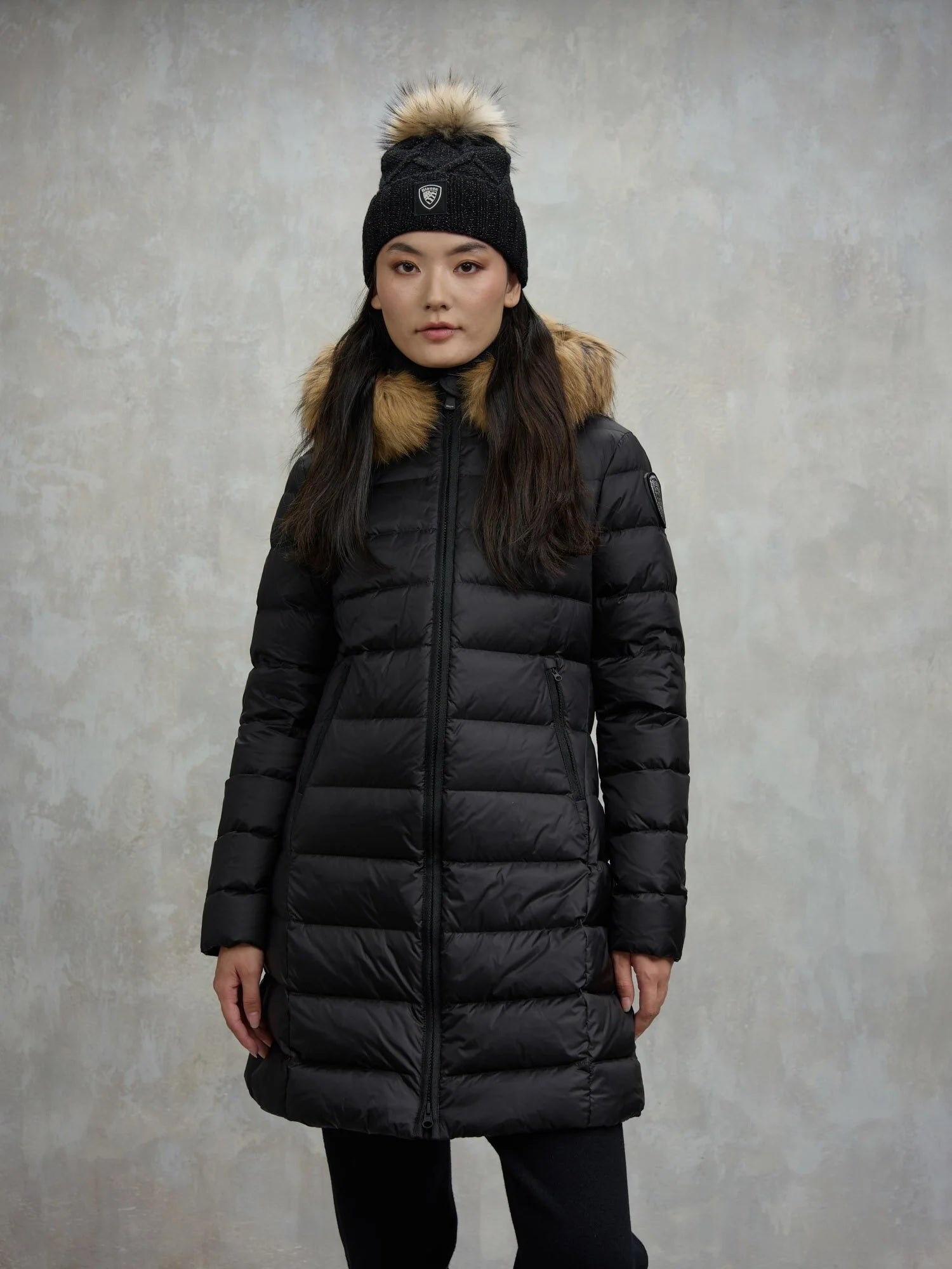 Piumino lungo Blauer "Kristin" nero con Interno beige con Pelliccia 