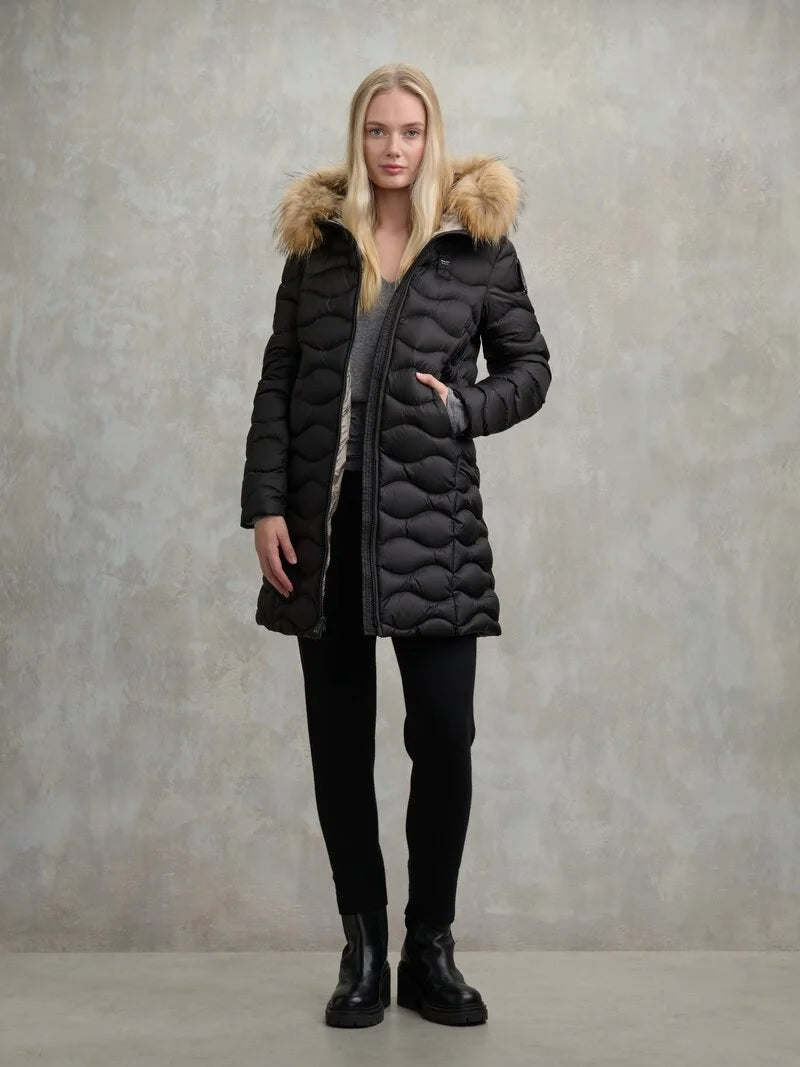 Piumino Lungo "Lynel" Nero con Interno Beige e Pelliccia Removibile 