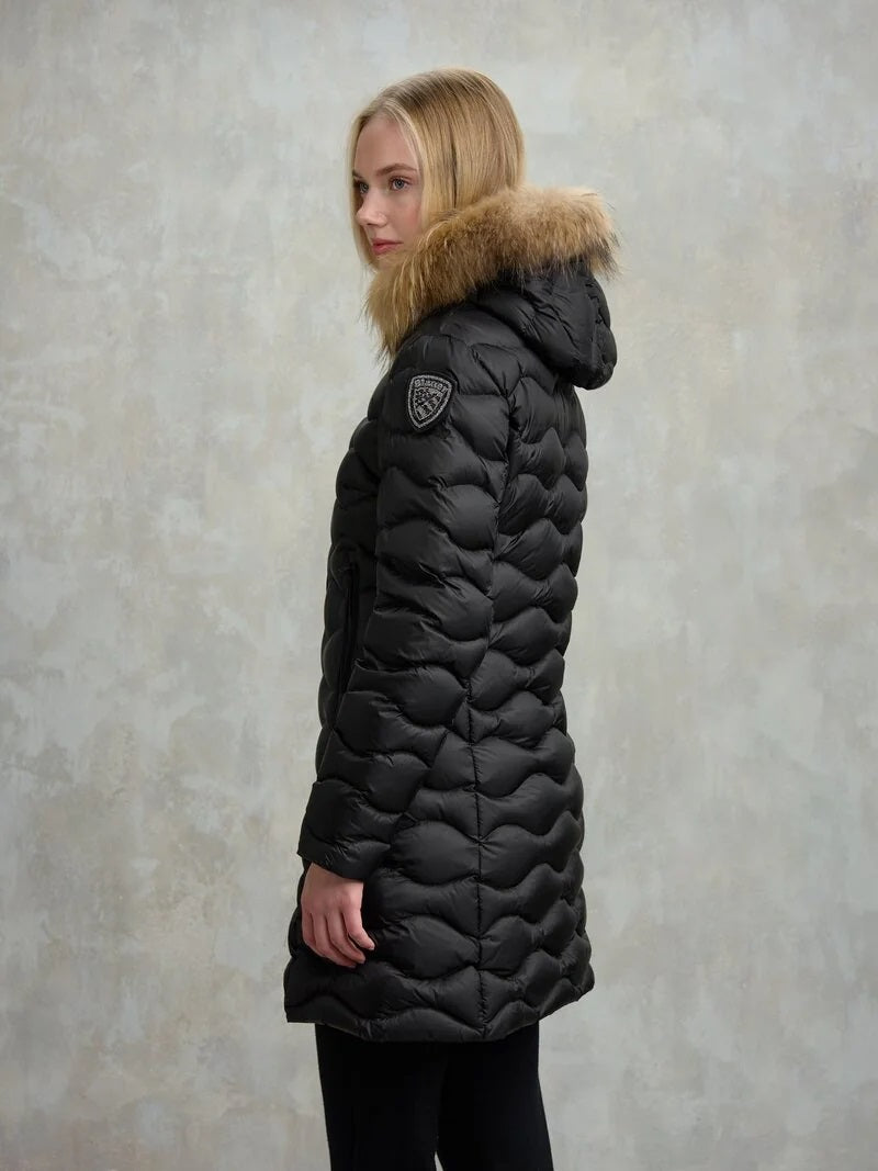 Piumino Lungo "Lynel" Nero con Interno Beige e Pelliccia Removibile 
