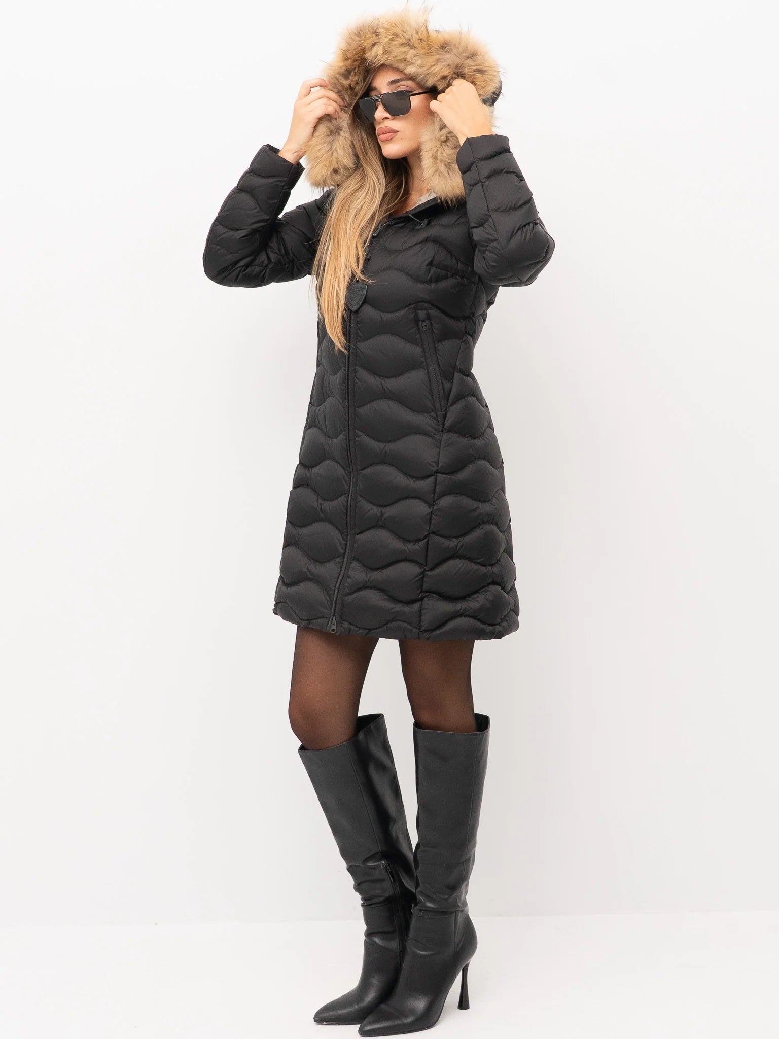 Piumino Lungo "Lynel" Nero con Interno Beige e Pelliccia Removibile 