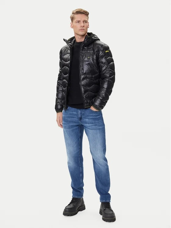 Piumino nero "Wave" da Uomo con Trapuntatura ad Onde e Taschino 