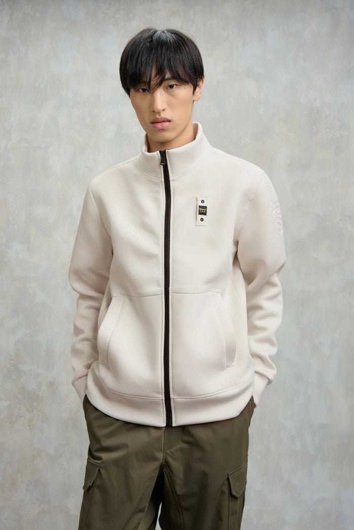 Felpa bianco "Halborn" in Neoprene con Zip e Tasche a Marsupio 