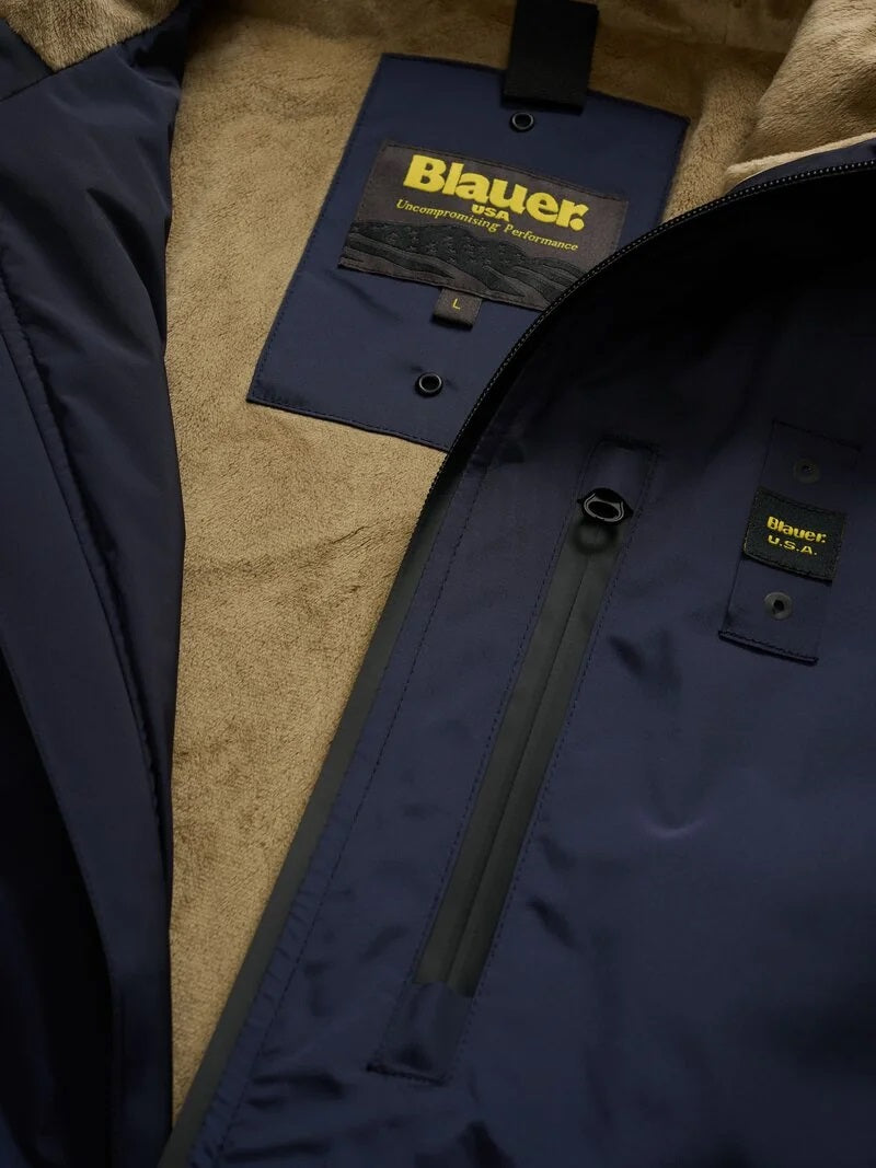 Piumino lungo Blu "Jarvis"  con Eco-Fur e Cappuccio 
