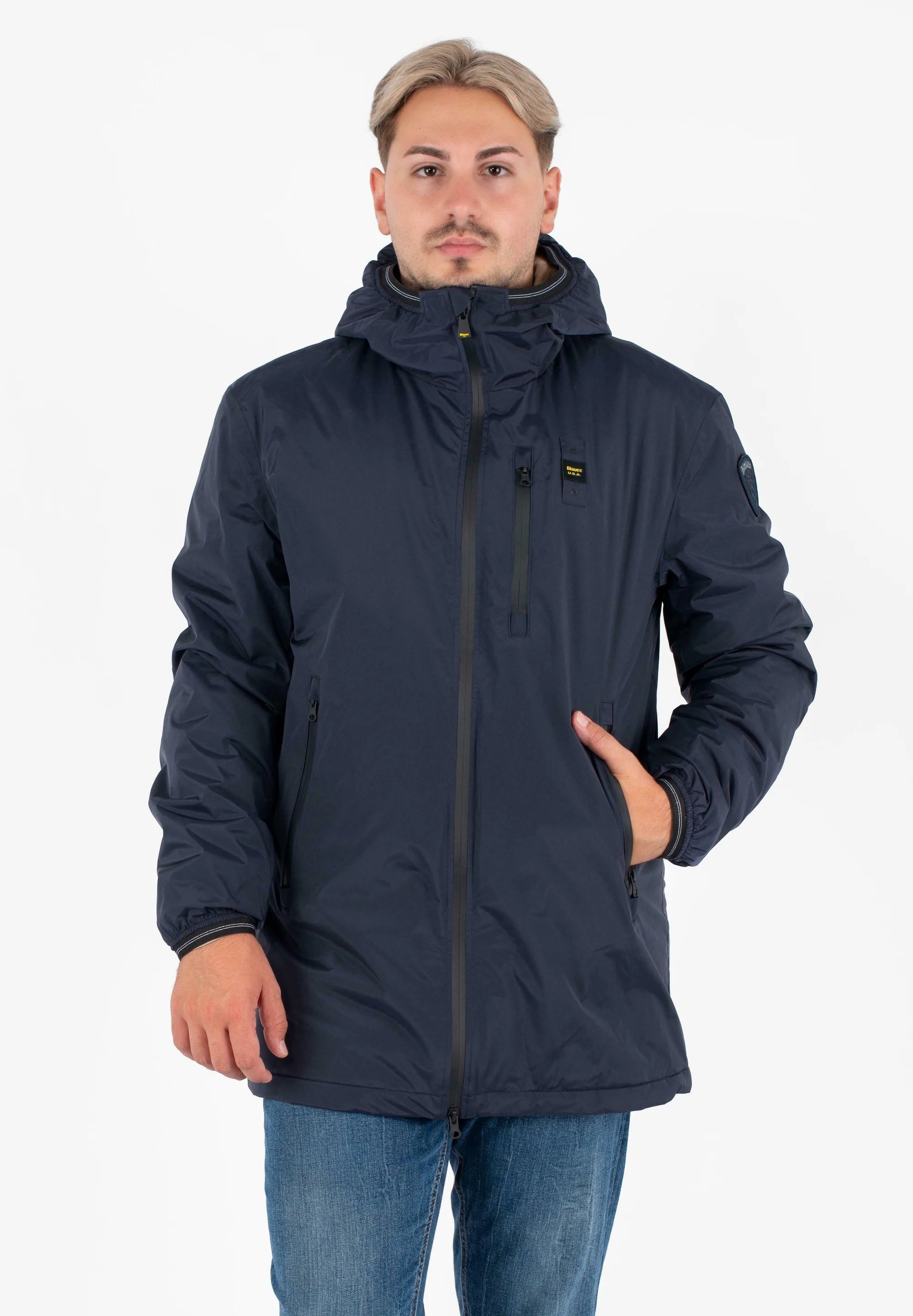 Piumino lungo Blu "Jarvis"  con Eco-Fur e Cappuccio 