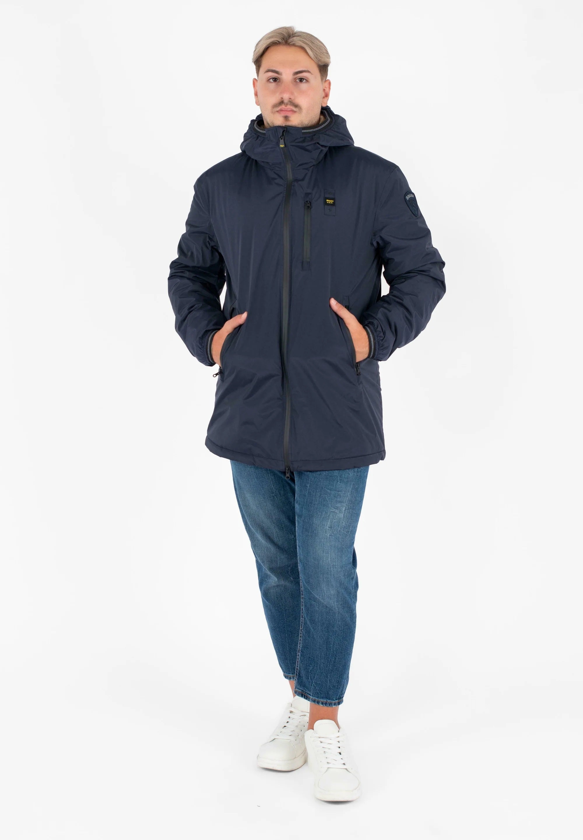 Piumino lungo Blu "Jarvis"  con Eco-Fur e Cappuccio 