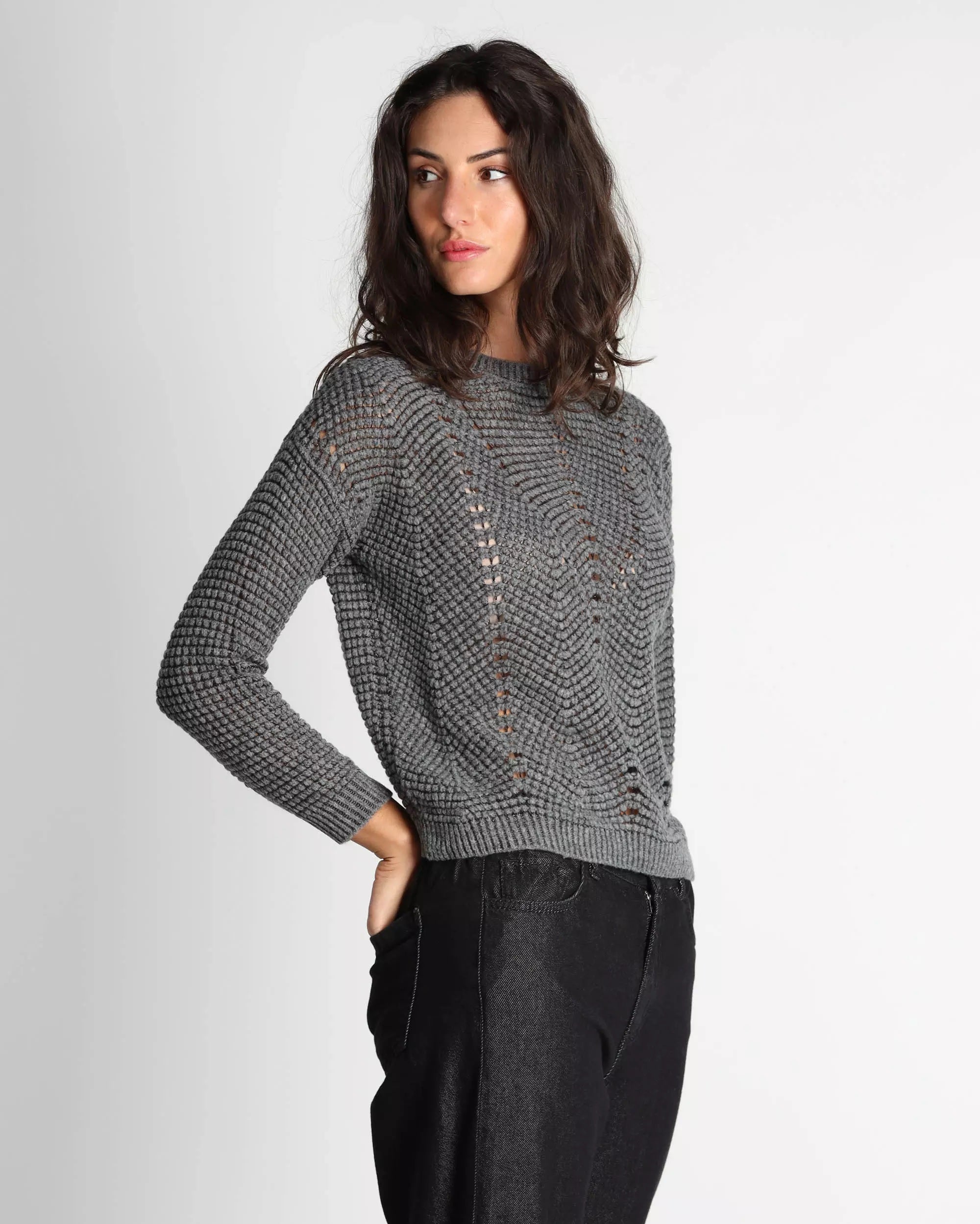 Maglia "Lesena" grigio / nero in misto lana con lurex e motivo fantasia 