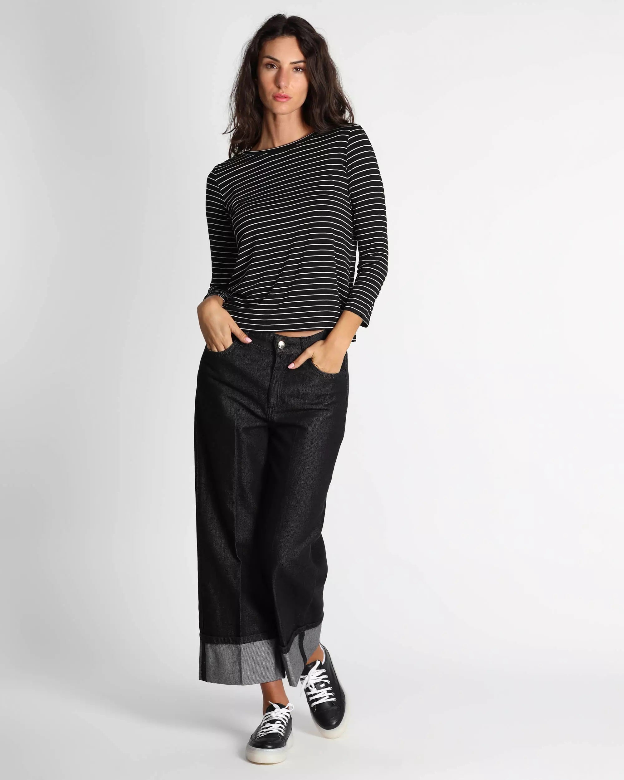 Maglia "Polpo" marinère nera a manica lunga in jersey di cotone stretch 