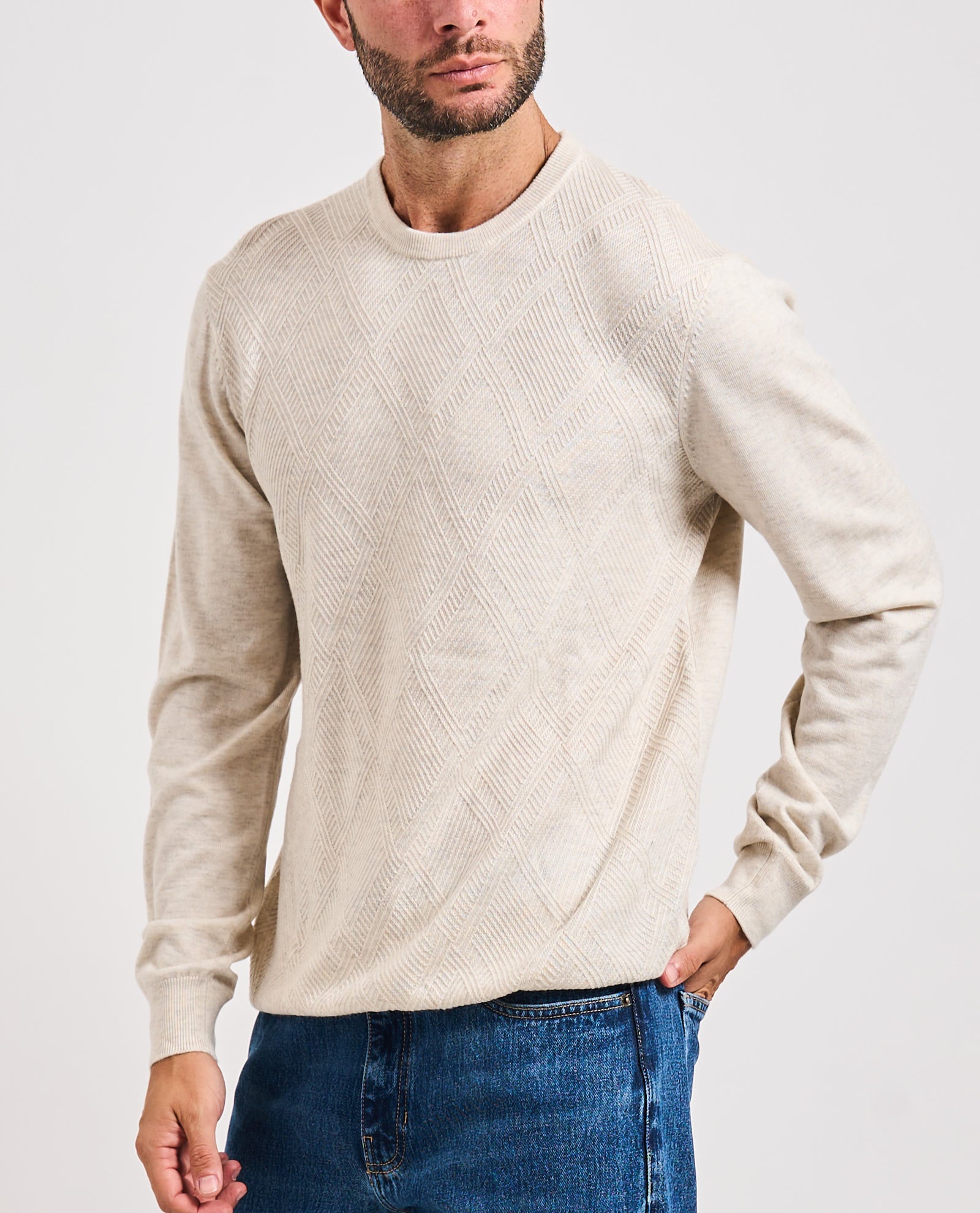 Maglione Uomo "Jamaar" sabbia con Fantasia a Rombi in Misto Lana 