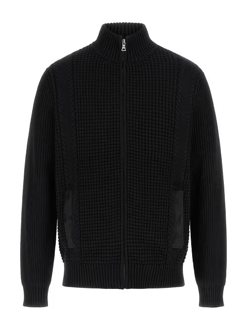 Cardigan Nero "LS Waffle Zip Ryder" con lavorazione a Nido d'Ape 