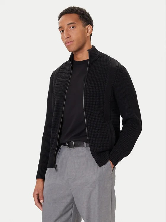 Cardigan Nero "LS Waffle Zip Ryder" con lavorazione a Nido d'Ape 