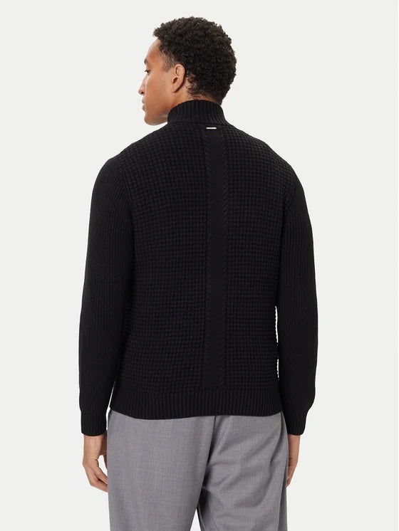 Cardigan Nero "LS Waffle Zip Ryder" con lavorazione a Nido d'Ape 
