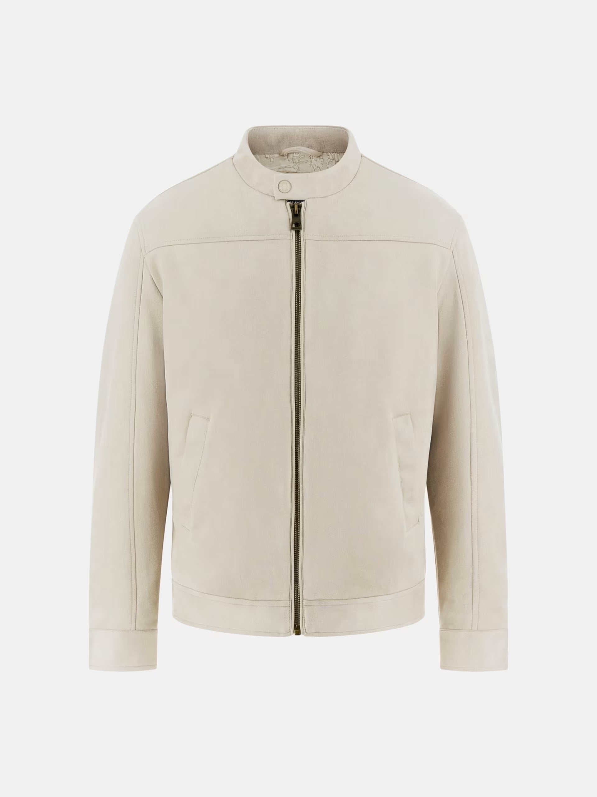 Giubbino Biker Beige in Simil Scamosciato con Collo alla Coreana 
