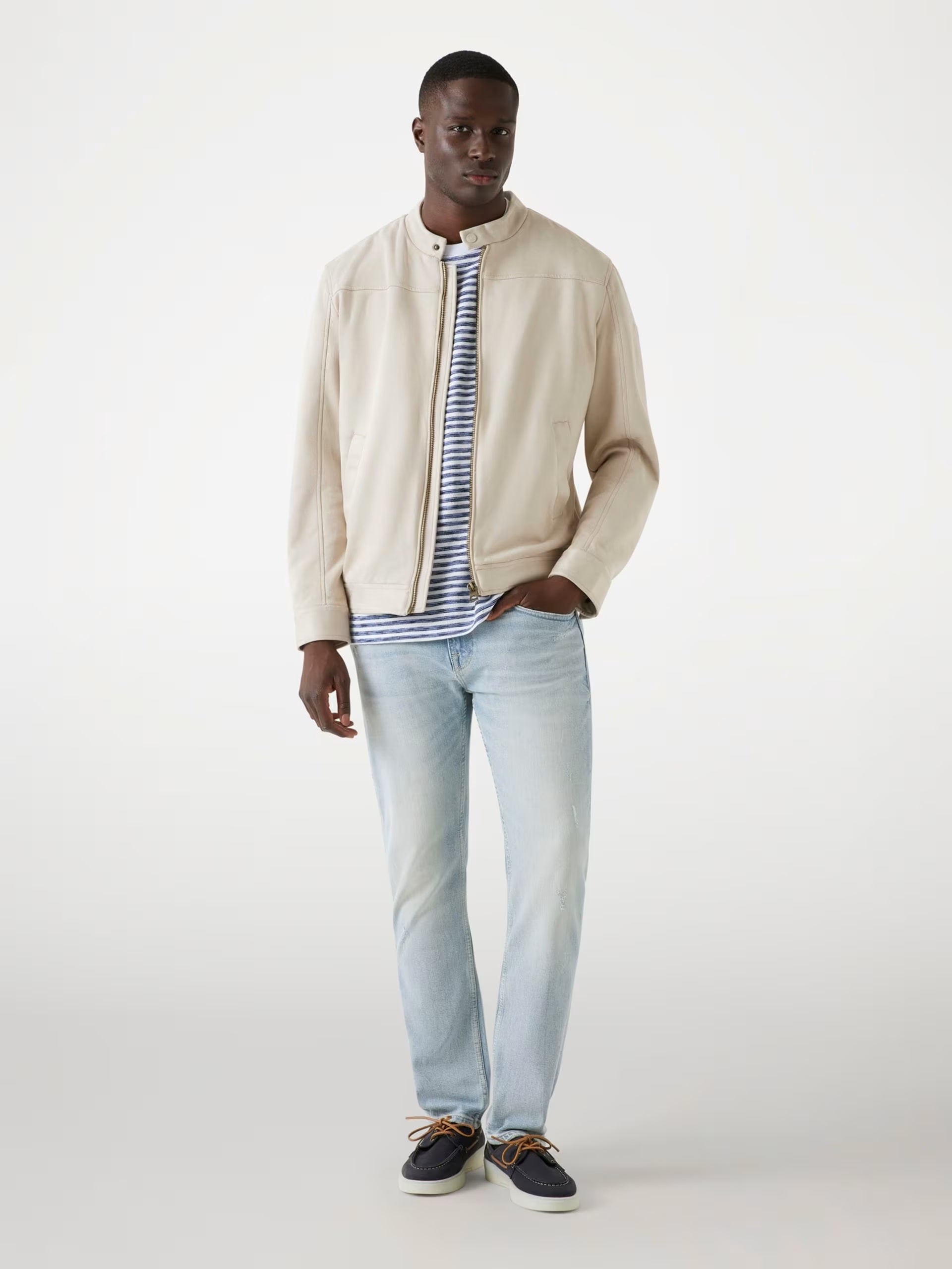Giubbino Biker Beige in Simil Scamosciato con Collo alla Coreana 