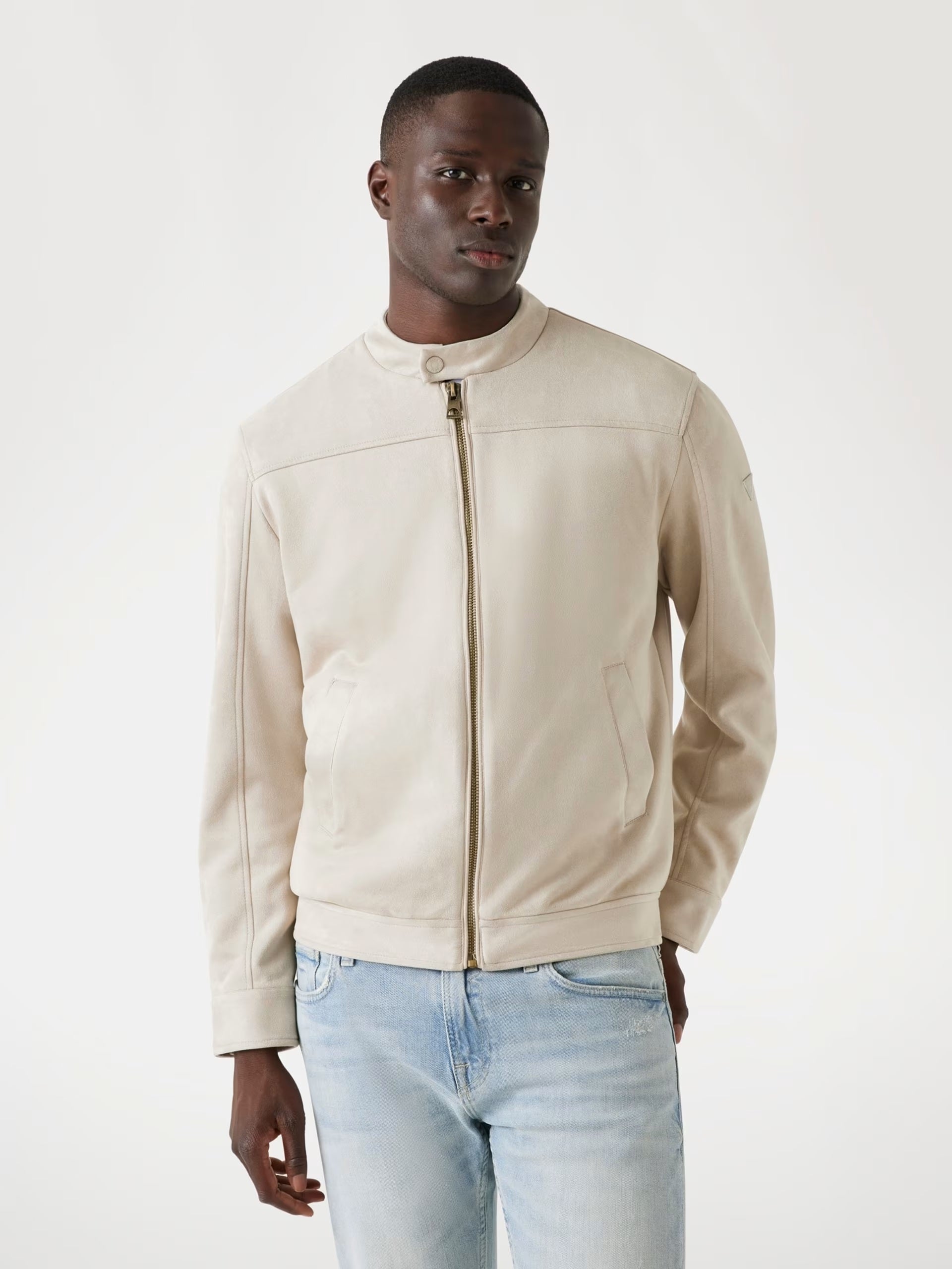 Giubbino Biker Beige in Simil Scamosciato con Collo alla Coreana 